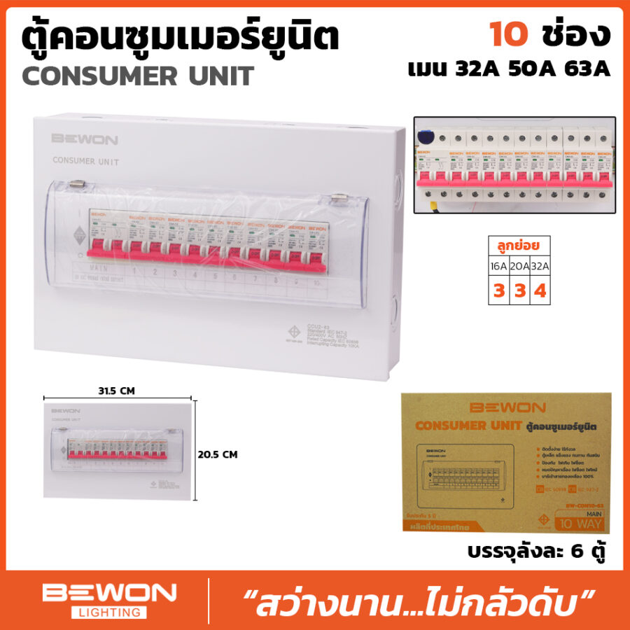 ตู้คอนซูมเมอร์ยูนิค 10 ช่อง พร้อมเมน+ลูก (32A/50A/63A)