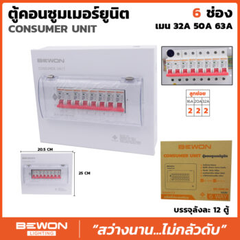 ตู้คอนซูมเมอร์ยูนิค 6 ช่องพร้อมเมน+ลูก (32A/50A/63A)