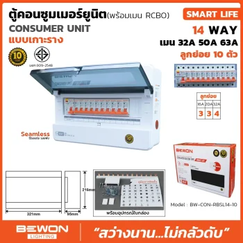 ตู้คอนซูมเมอร์ยูนิตกันดูด RCBO เกาะราง SMART LIFE 10 ช่อง