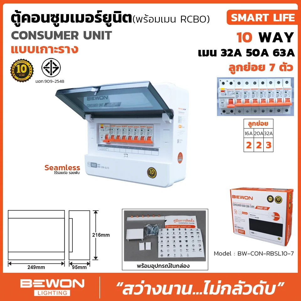 ตู้คอนซูมเมอร์ยูนิตกันดูด RCBO เกาะราง SMART LIFE 7 ช่อง